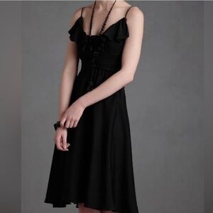 NWOT Anthropologie Quillaree Silk Black Midi Dress Rusched with Ruffle Detail